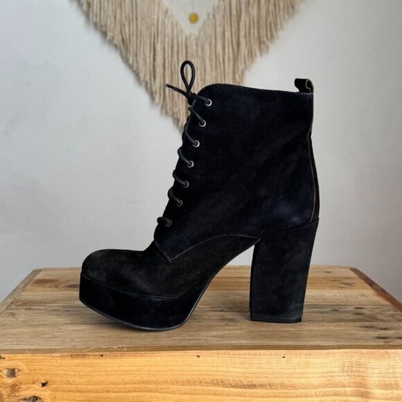 Kurt Geiger Y2K Black Suede Leather Platform Almond Toe Lace Up Boots Size 8.5 - Picture 8 of 13
